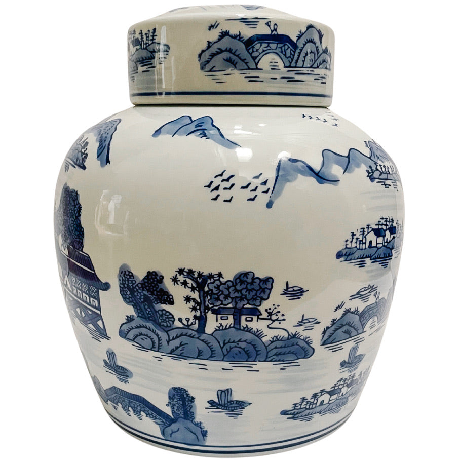 Blue & White Pagoda Chinoiserie Ginger Jar