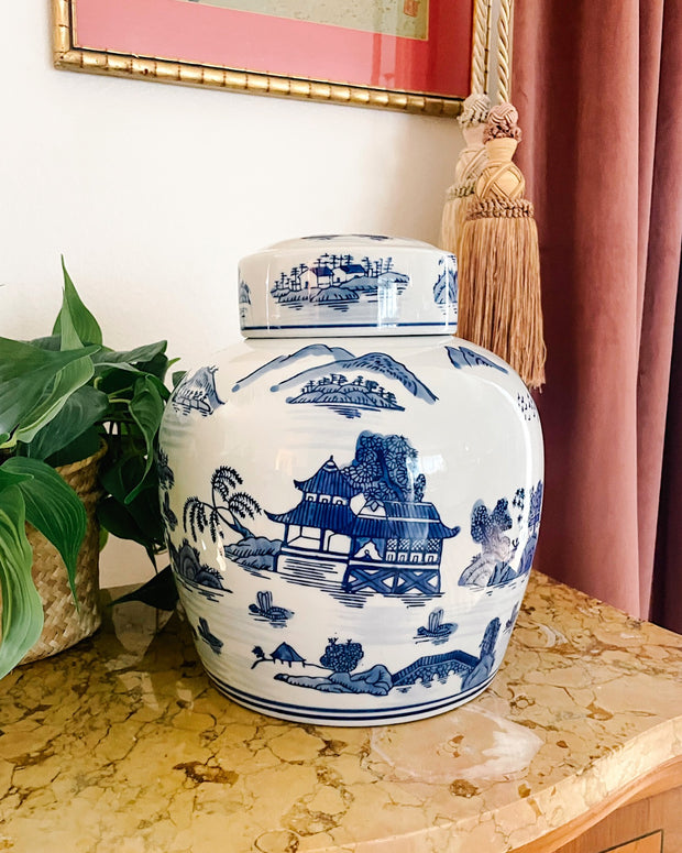 Blue & White Pagoda Chinoiserie Ginger Jar