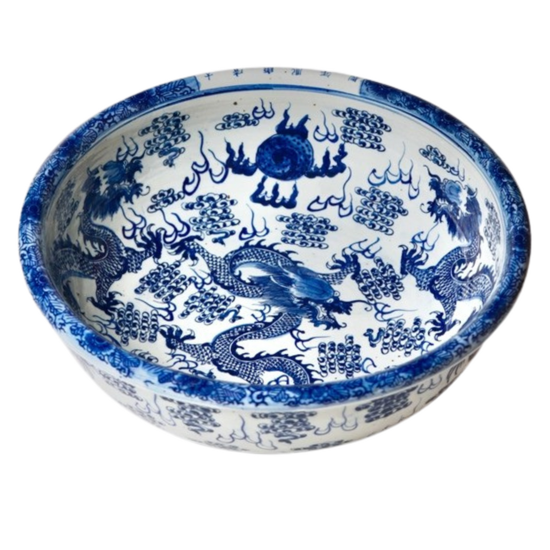 Blue & White Porcelain Dragon and Pearl Shallow Bowl