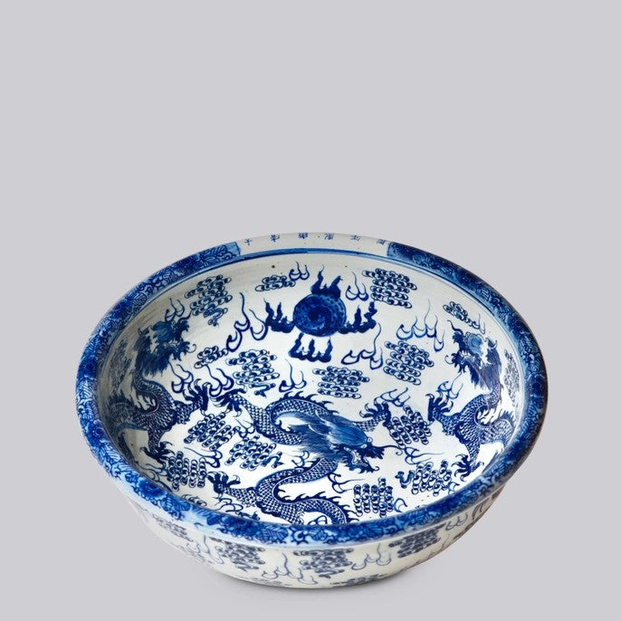 Blue & White Porcelain Dragon and Pearl Shallow Bowl