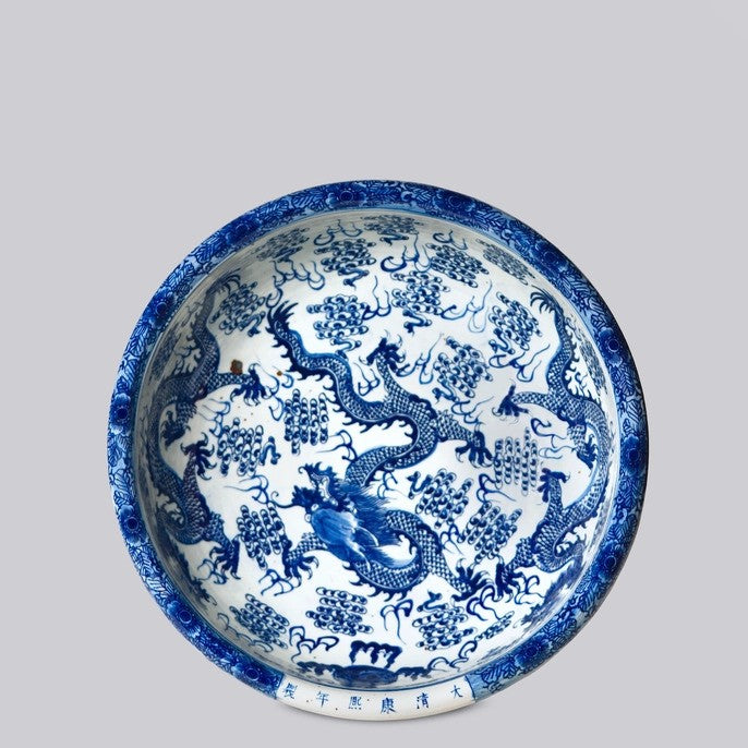 Blue & White Porcelain Dragon and Pearl Shallow Bowl