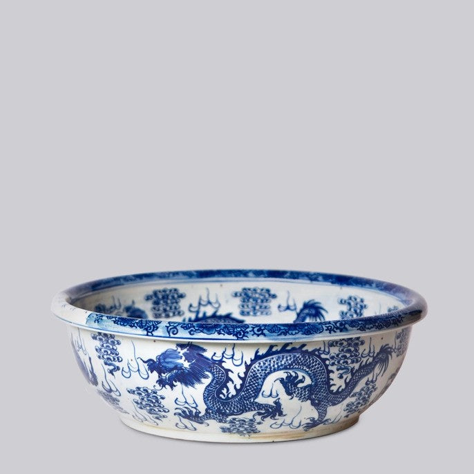 Blue & White Porcelain Dragon and Pearl Shallow Bowl