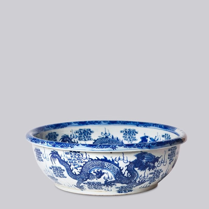 Blue & White Porcelain Dragon and Pearl Shallow Bowl