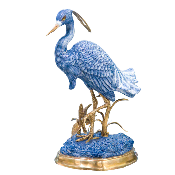 Blue & White Porcelain Heron Statue With Bronze Ormolu