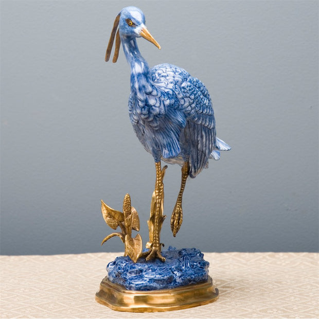 Blue & White Porcelain Heron Statue With Bronze Ormolu