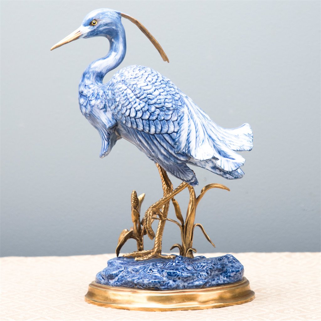 Blue & White Porcelain Heron Statue With Bronze Ormolu