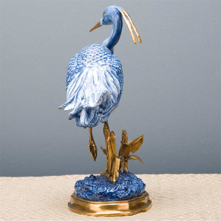 Blue & White Porcelain Heron Statue With Bronze Ormolu