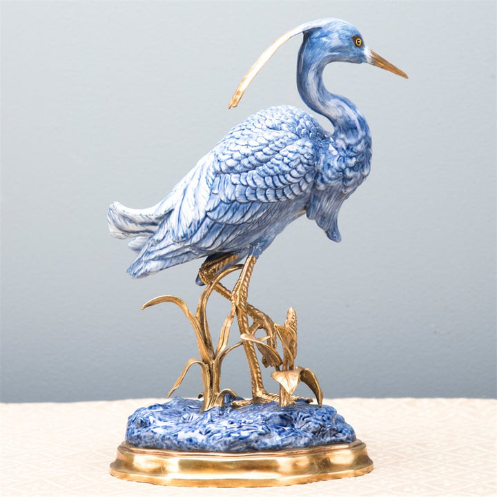 Blue & White Porcelain Heron Statue With Bronze Ormolu