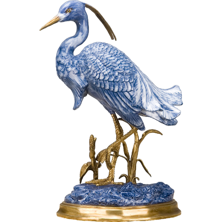 Blue & White Porcelain Heron Statue With Bronze Ormolu