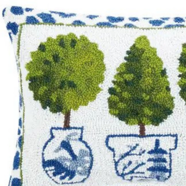 Blue & White Topiary Collection Wool Hooked Pillow