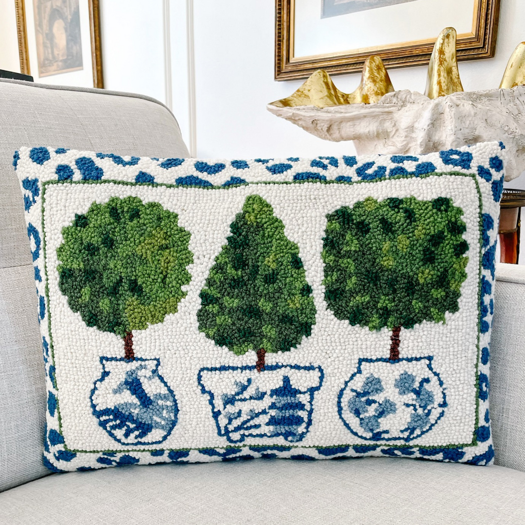 Blue & White Topiary Collection Wool Hooked Pillow