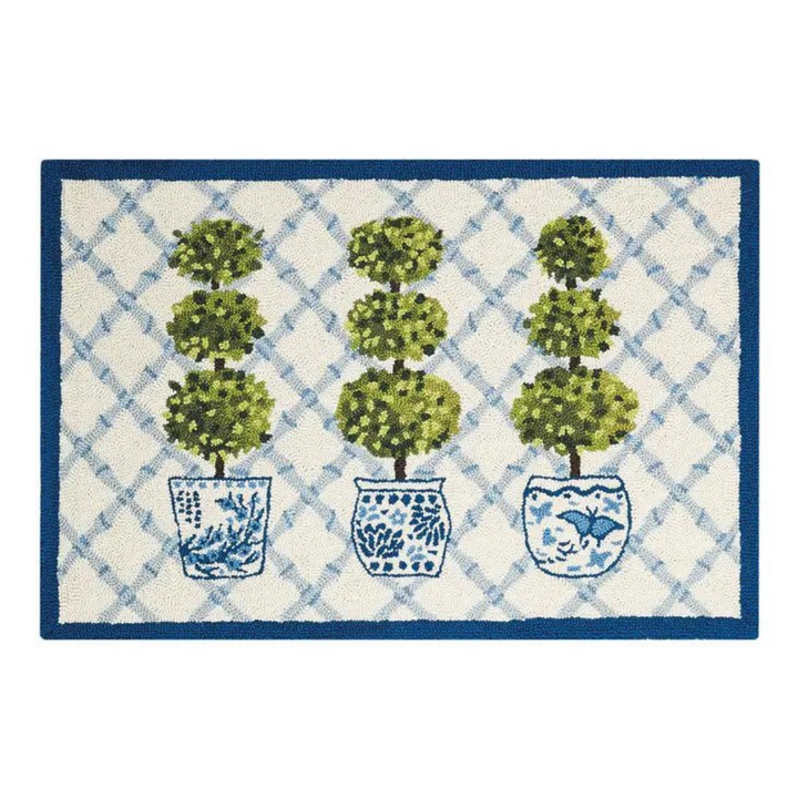 Blue & White Topiary Collection Wool Hooked Rug