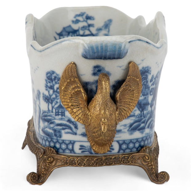 Blue & White Oblong Planter With Swan Bronze Ormolu (4)