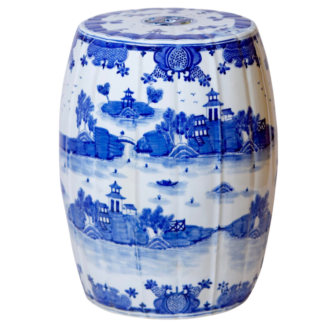 Blue & White River Scene Ribbed Garden Stool