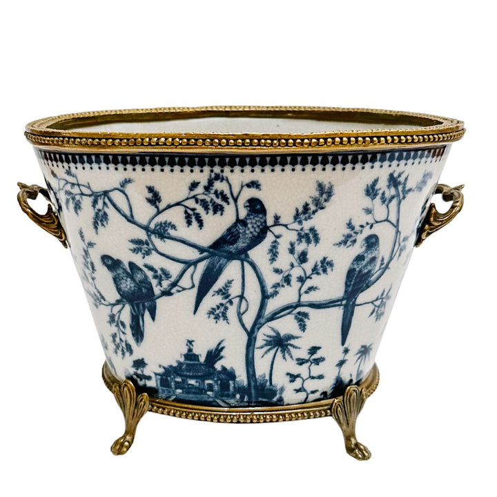 Blue & White Chinoiserie Bird Porcelain Planter With Bronze Ormolu