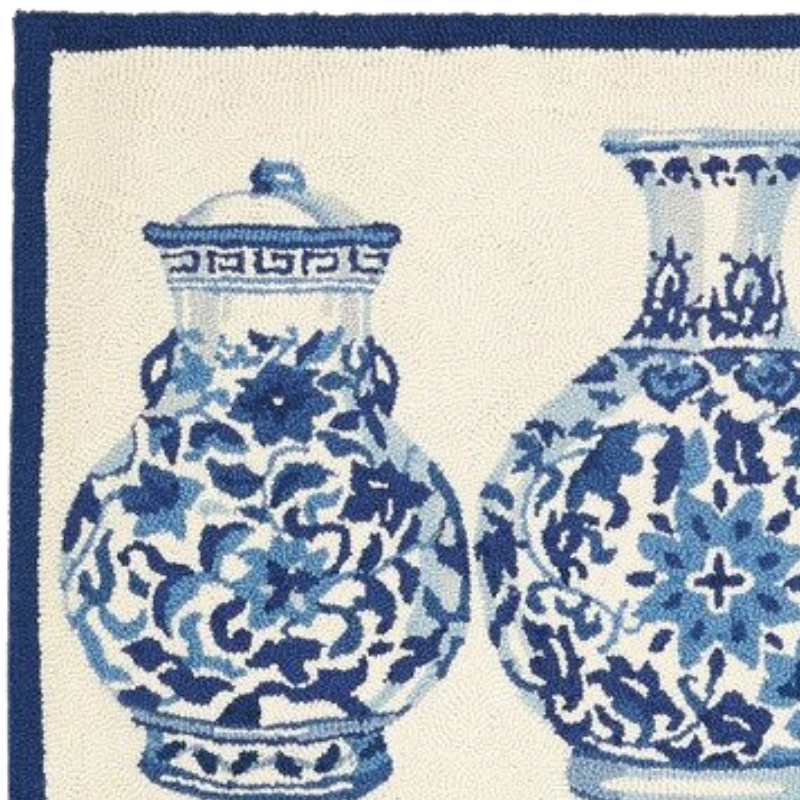 Blue and White Chinoiserie Jars Wool Hooked Rug