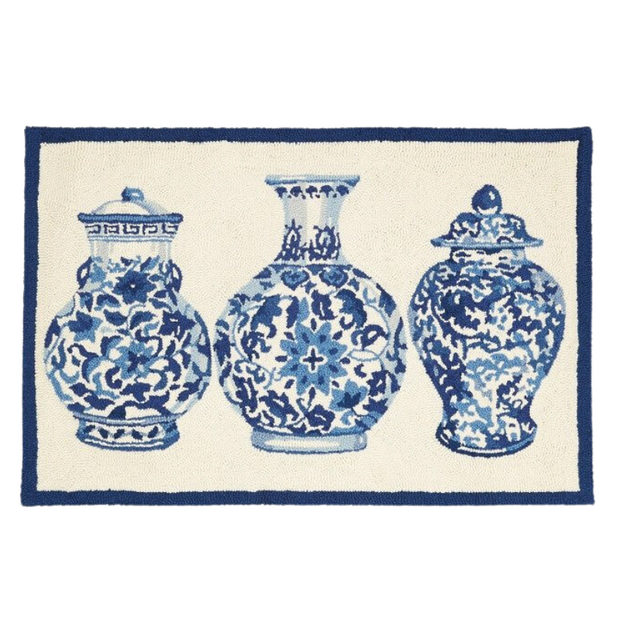 Blue and White Chinoiserie Jars Wool Hooked Rug