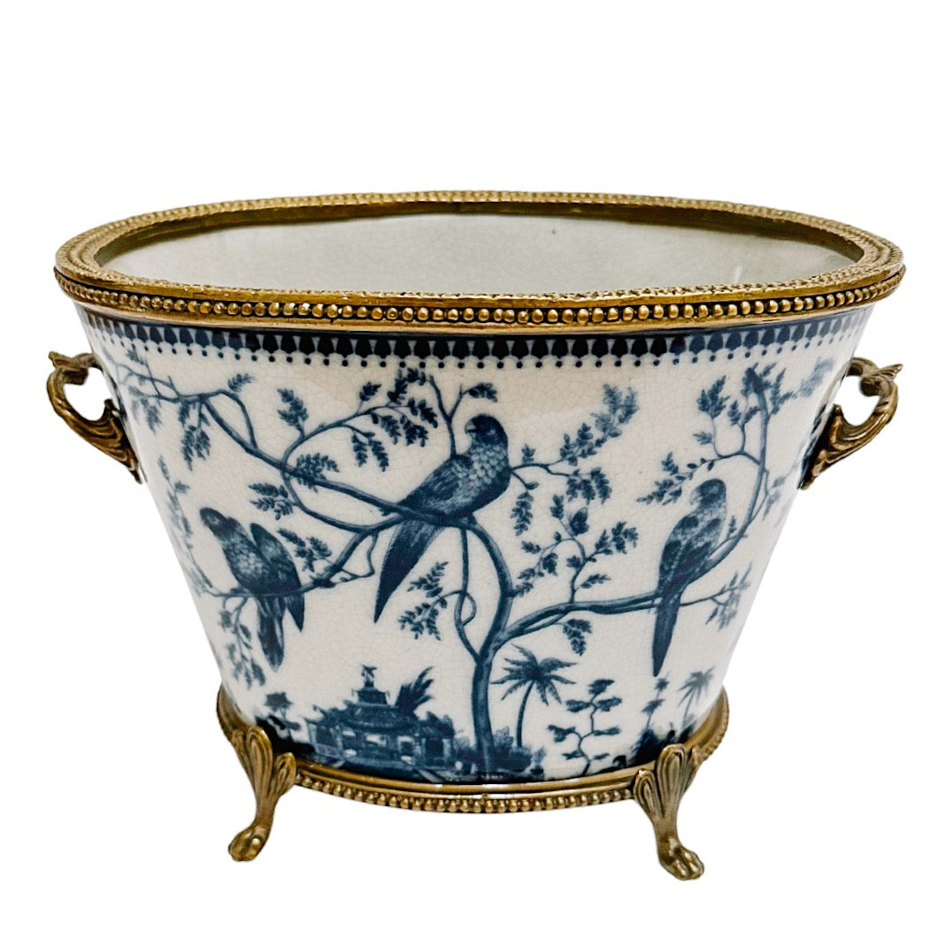 Blue & White Chinoiserie Bird Porcelain Planter With Bronze Ormolu