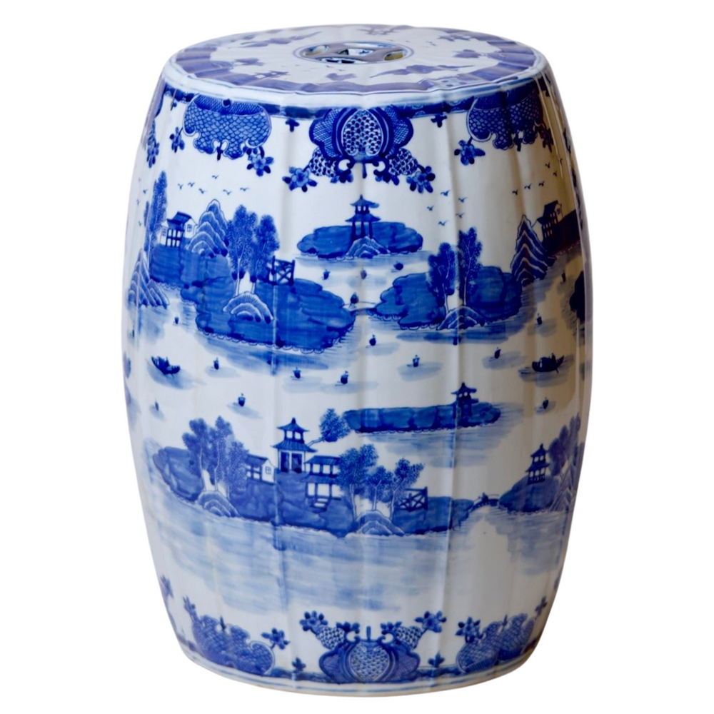 Blue & White River Scene Ribbed Garden Stool