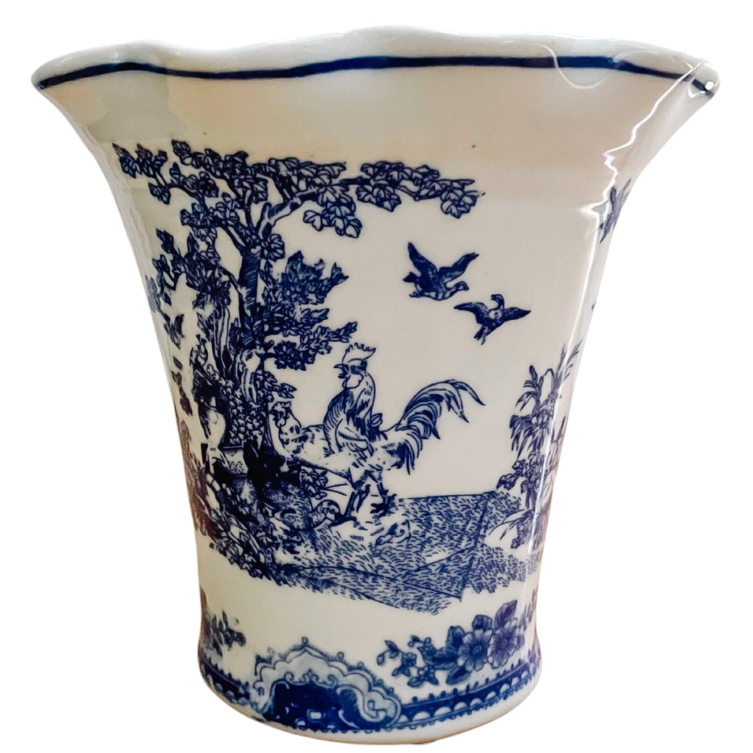 Blue & White Chinese Rooster Cachepot Planter