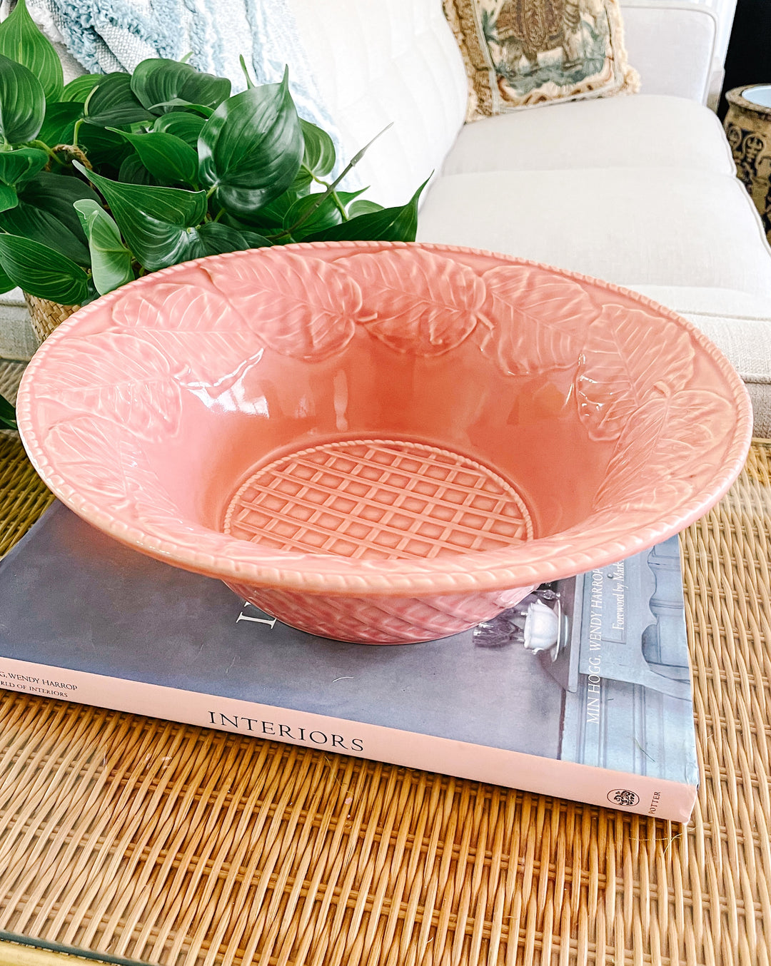 Bordallo Pinheiro Large Pink Leaf Salad Serving Bowl 