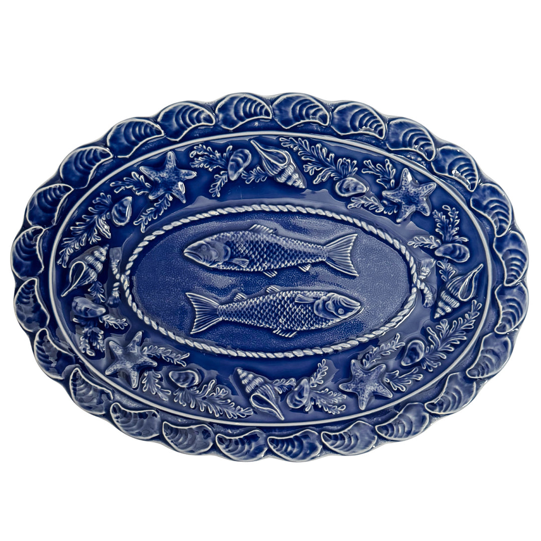 Rare Bordallo Pinheiro Blue Seashell Service 16" Oval Platter With Fish Motif