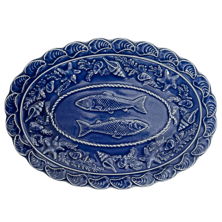 Rare Bordallo Pinheiro Blue Seashell Service 16" Oval Platter With Fish Motif