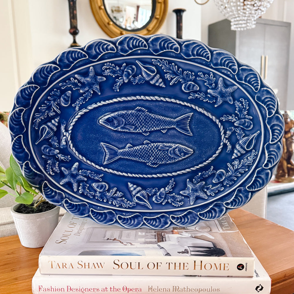 Rare Bordallo Pinheiro Blue Seashell Service 16" Oval Platter With Fish Motif