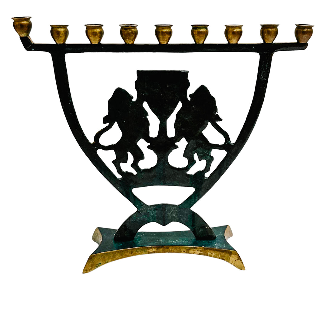 Brass Verdigris Menorah with Lions of Judah & Jerusalem Inscription