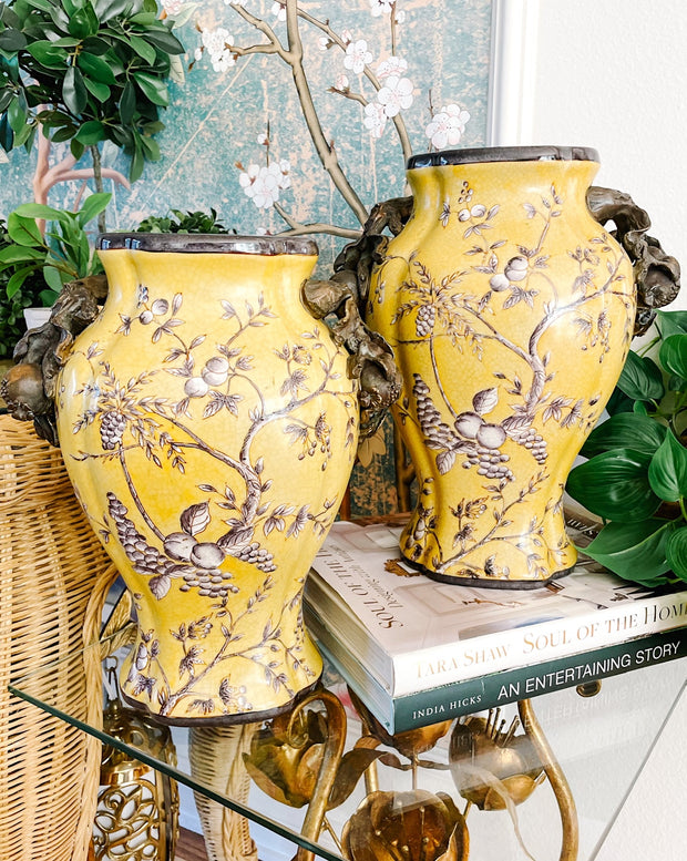 Vintage Chinese Export Yellow Ceramic Vases With Bronze Ormolu