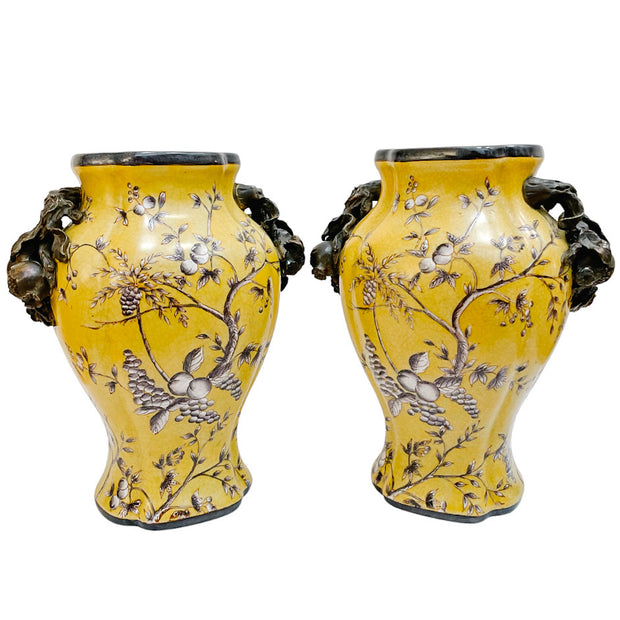 Vintage Chinese Export Yellow Ceramic Vases With Bronze Ormolu