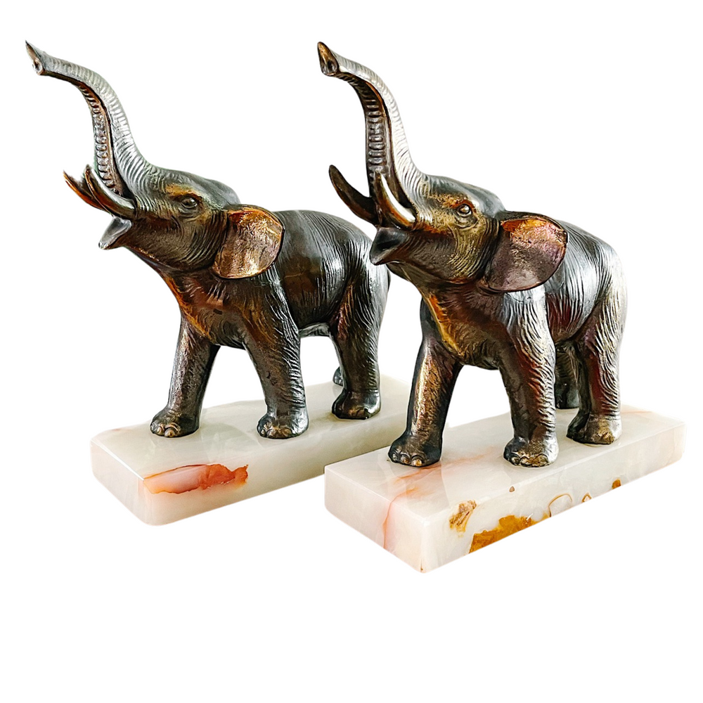 Cast Bronze Elephant Bookends On Onyx Bases