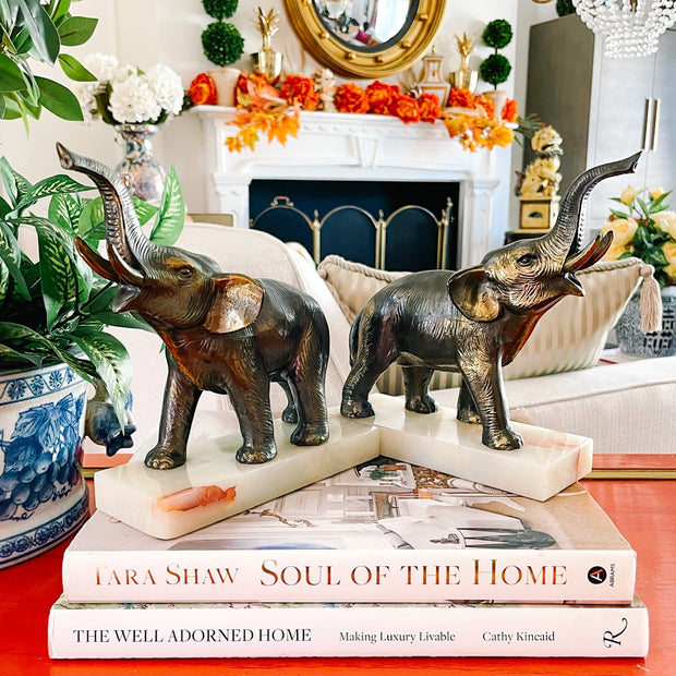 Cast Bronze Elephant Bookends On Onyx Bases