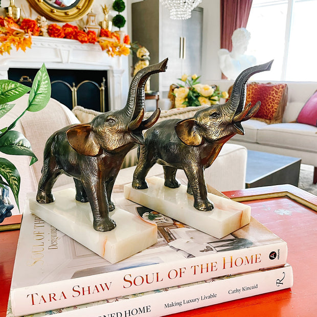 Cast Bronze Elephant Bookends On Onyx Bases