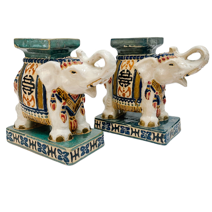 Ceramic Chinoiserie Elephant Garden Stool Bookends