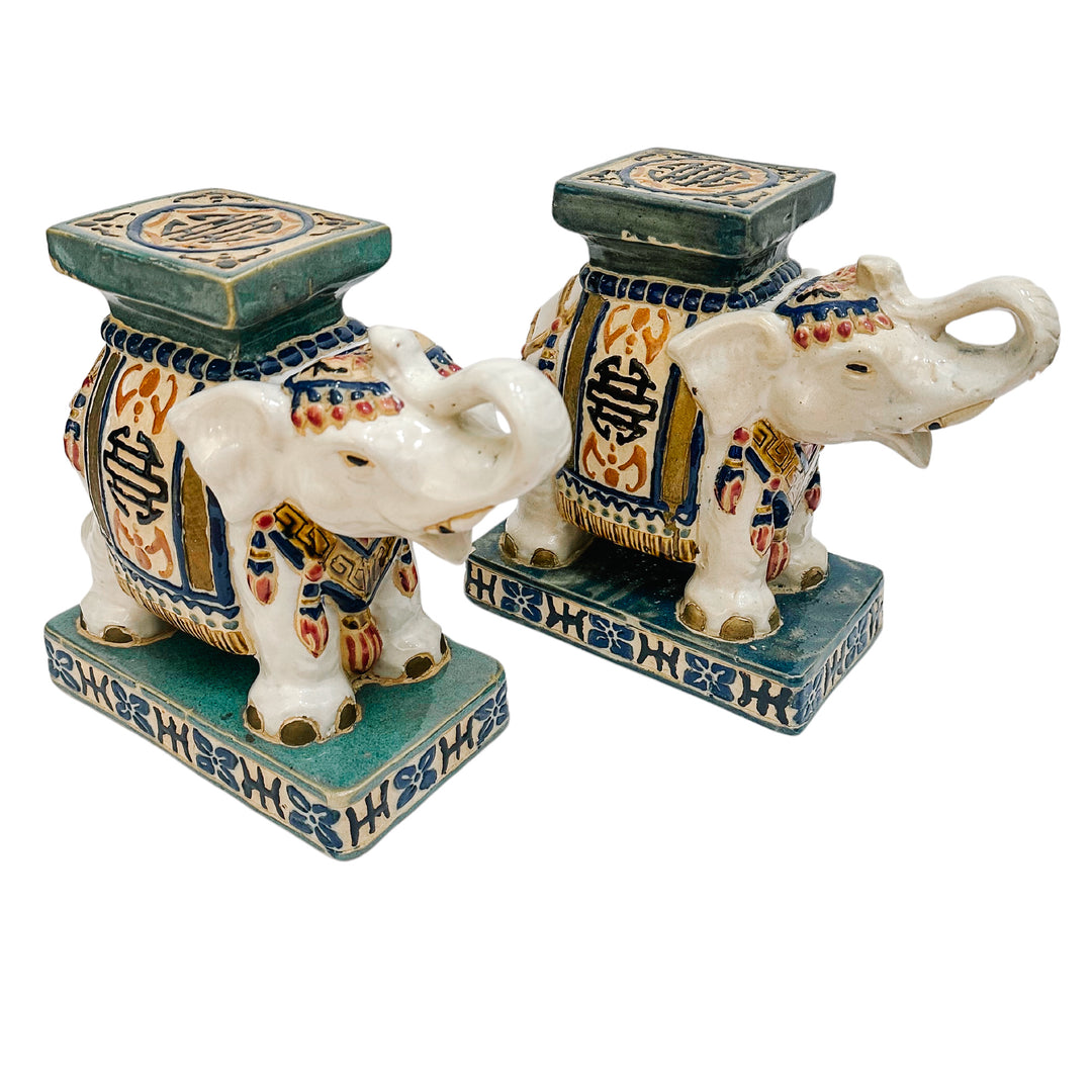 Ceramic Chinoiserie Elephant Garden Stool Bookends