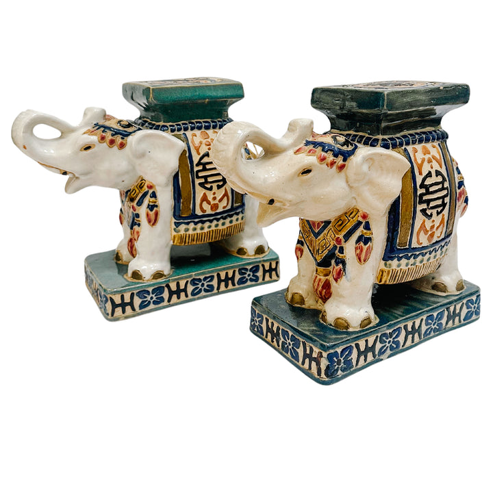 Ceramic Chinoiserie Elephant Garden Stool Bookends