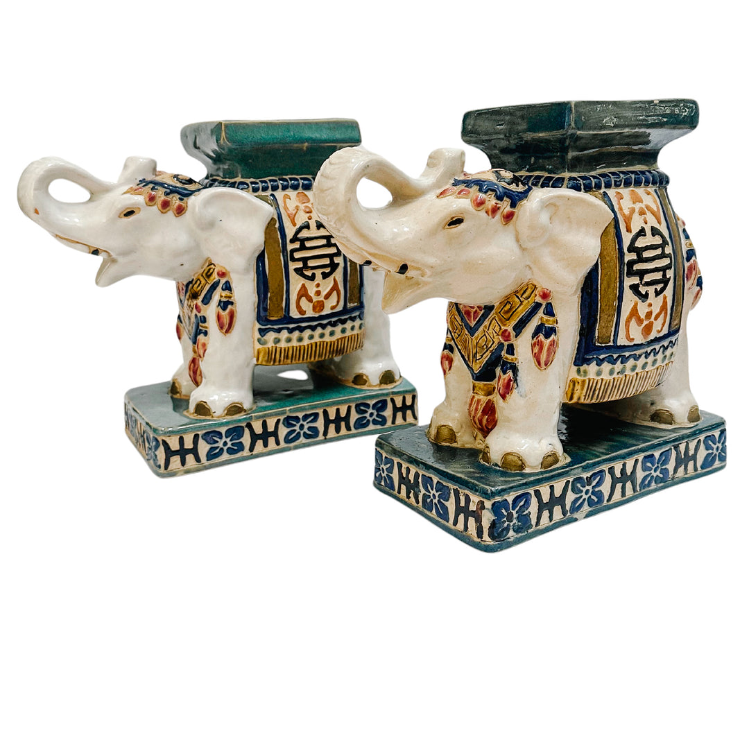 Ceramic Chinoiserie Elephant Garden Stool Bookends