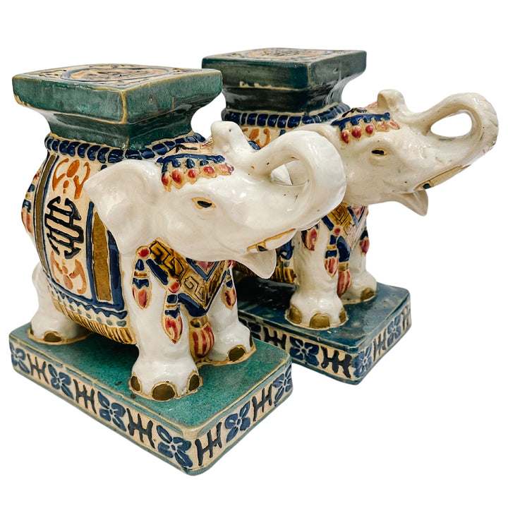 Ceramic Chinoiserie Elephant Garden Stool Bookends