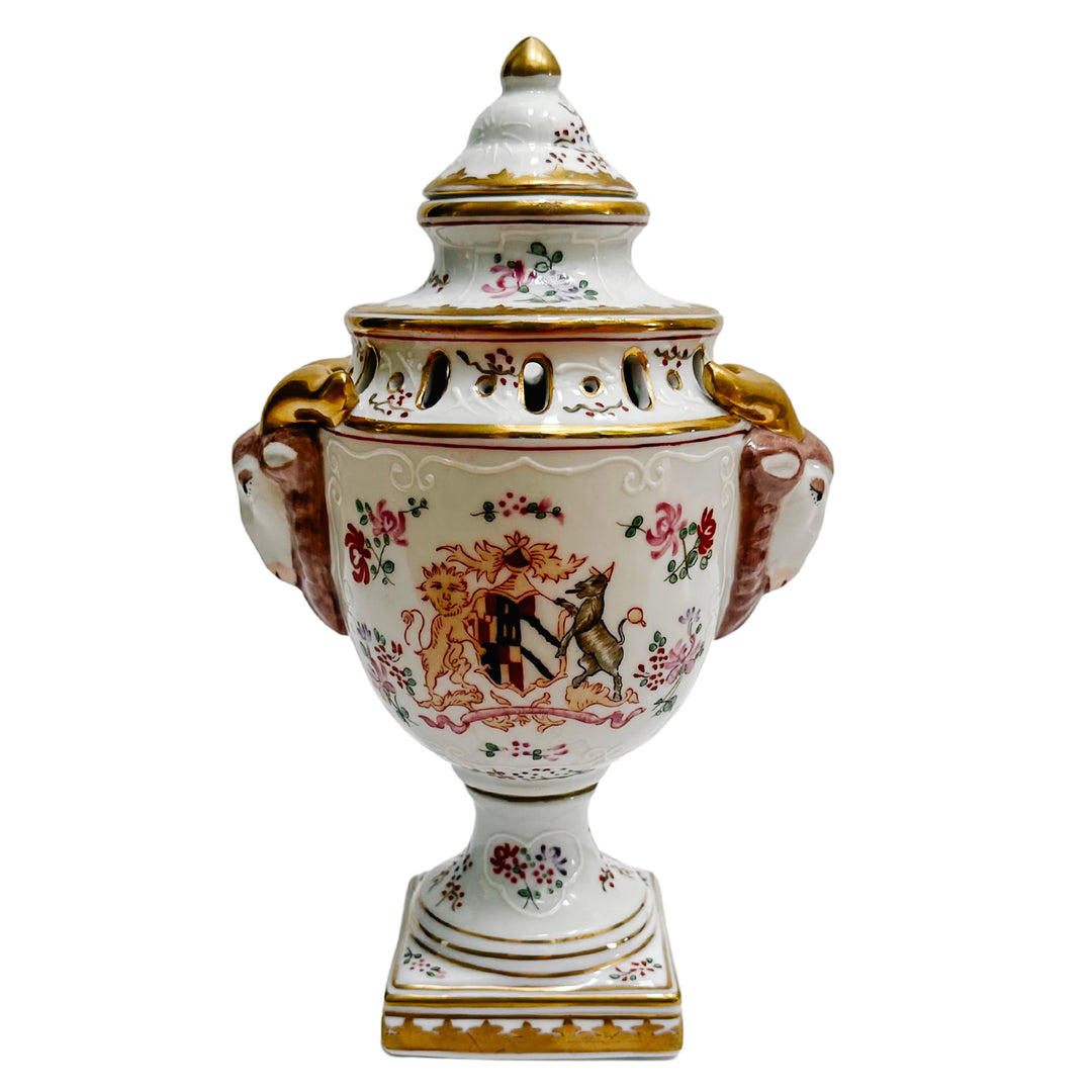 Chelsea House Ram Head Armorial Urn in French Edmé Samson Style
