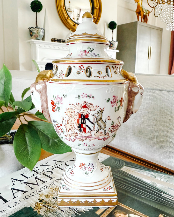 Chelsea House Ram Head Armorial Urn in French Edme Samson Style