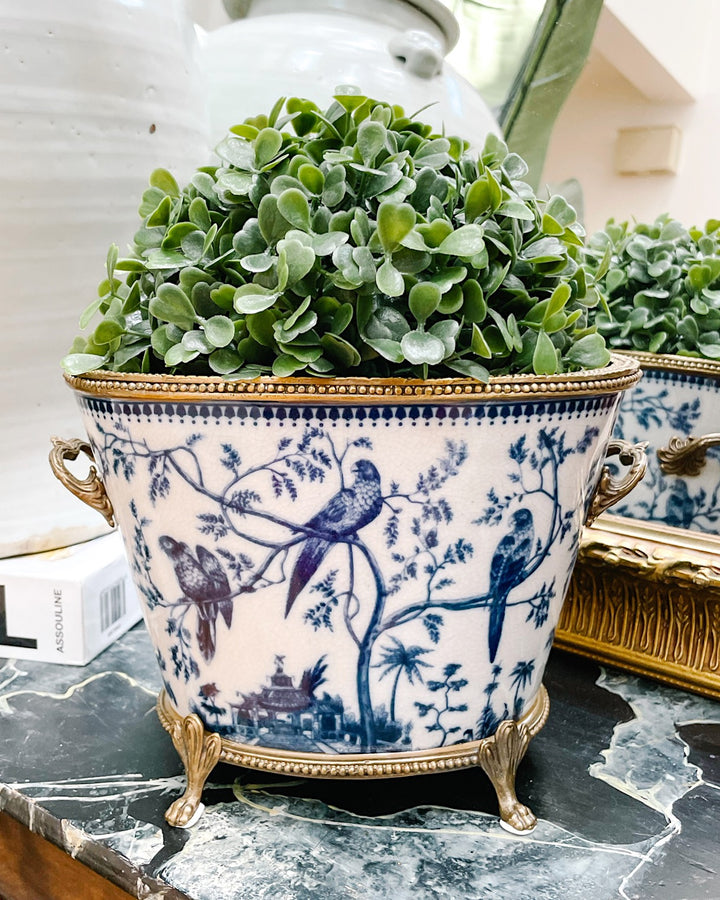 Blue & White Chinoiserie Bird Porcelain Planter With Bronze Ormolu