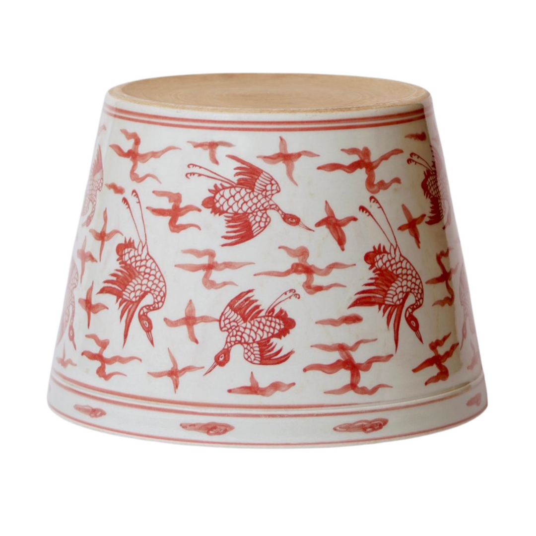 Chinese Red & White Round Phoenix Fish Bowl Planter