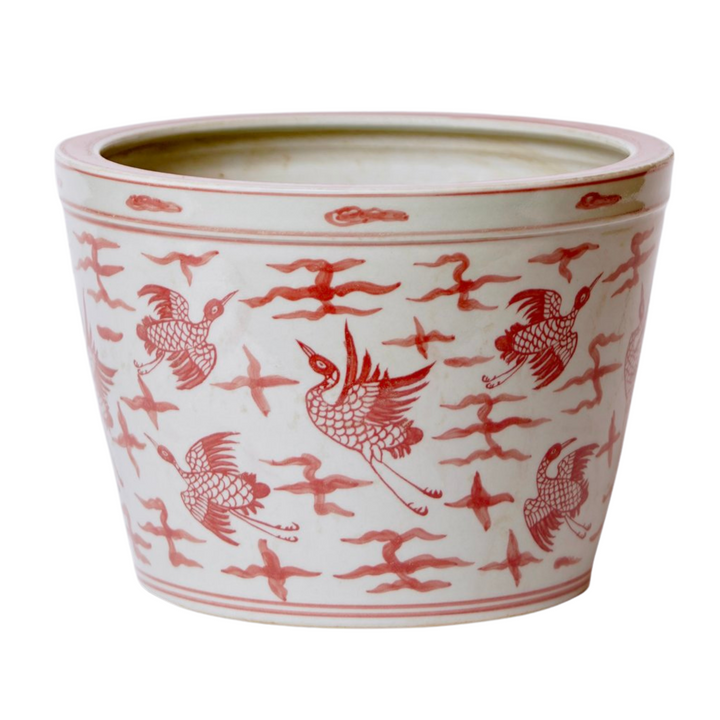 Chinese Red & White Round Phoenix Fish Bowl Planter