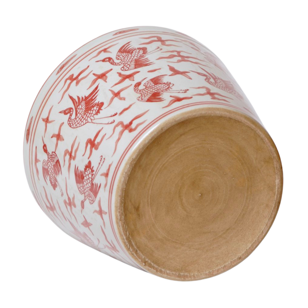 Chinese Red & White Round Phoenix Fish Bowl Planter