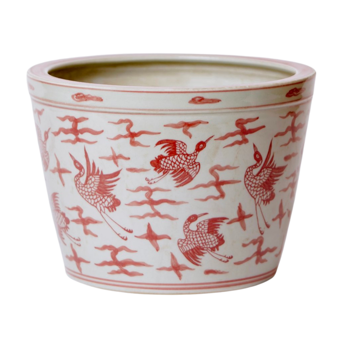 Chinese Red & White Round Phoenix Fish Bowl Planter