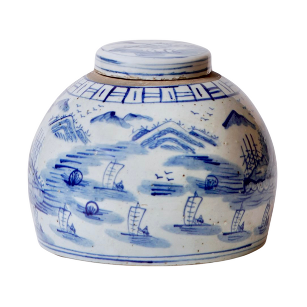 Chinese Blue & White Landscape Scenery Lidded Jar