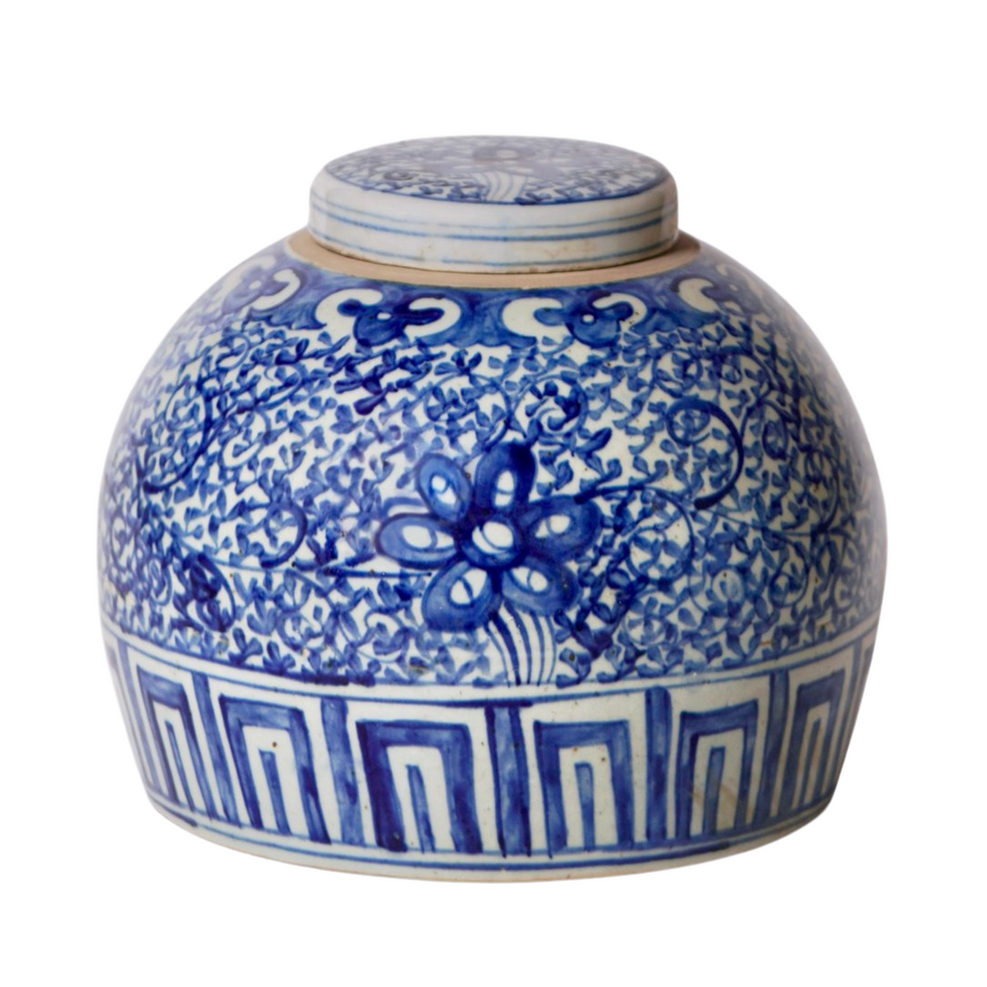 Chinese Blue & White Stylized Floral Lidded Jar