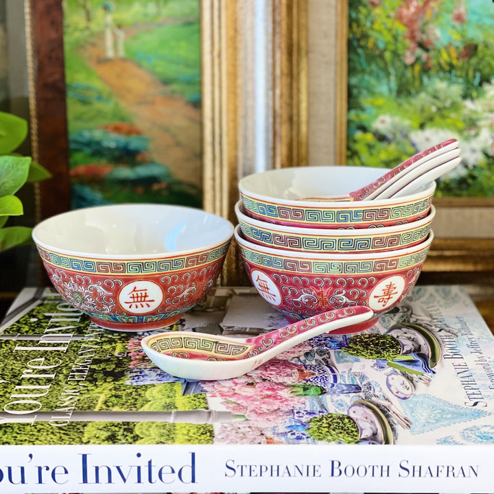 Vintage Chinese Red Enamel Rice Bowls With Spoons