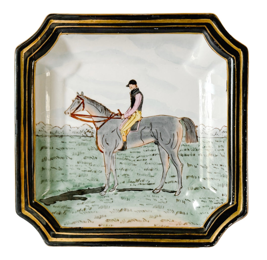 Vintage Chinese Export Equestrian Square Catchall Dish